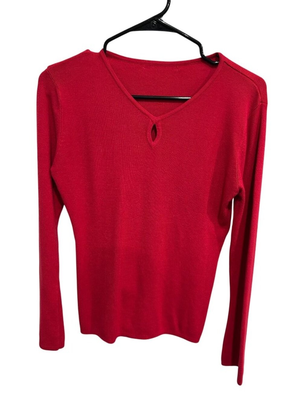 Womens Red Long Sleeve V-Neck Sweater Keyhole Detail Coastal Preppy